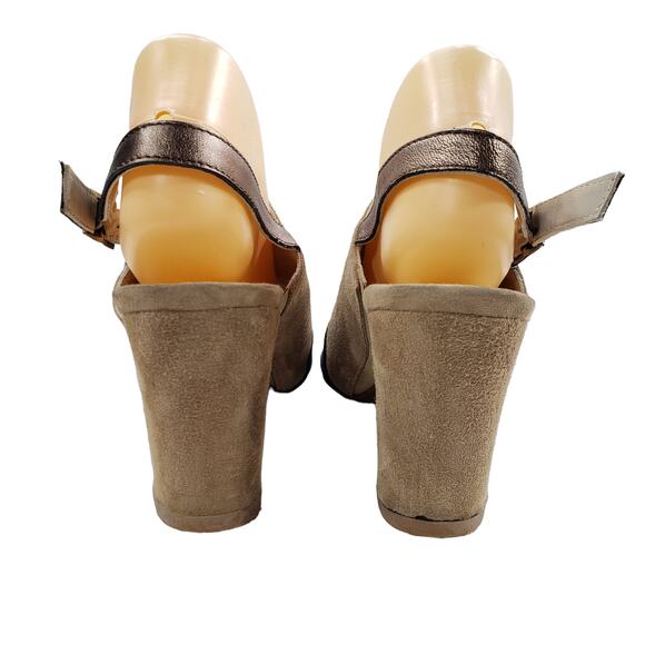 Eric Michael 10 Suede Leather Slingback Heels Womens Tan Black Block 3" Open Toe - Picture 5 of 11